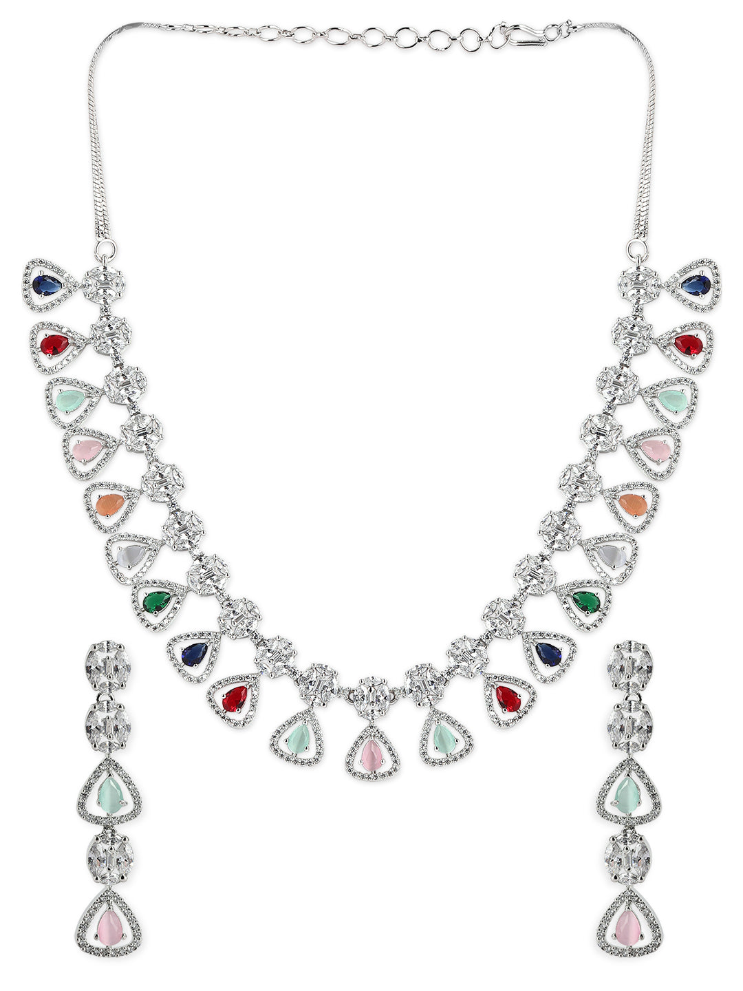 Japanise Silver Plated Multicoloured Stone Studded American Diamond Necklace Set.
