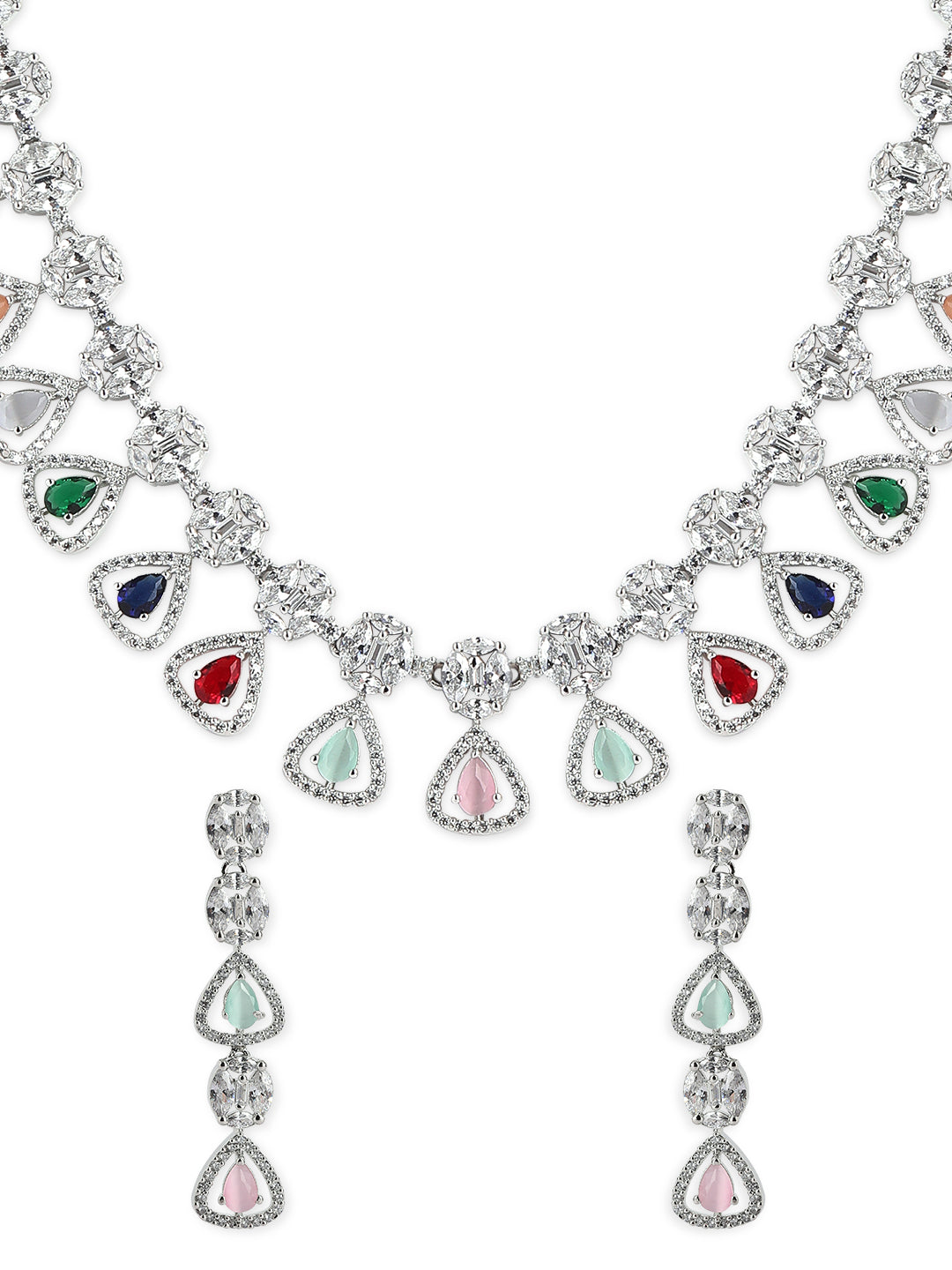 Japanise Silver Plated Multicoloured Stone Studded American Diamond Necklace Set.