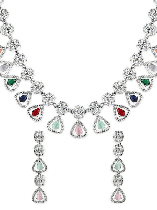Japanise Silver Plated Multicoloured Stone Studded American Diamond Necklace Set.