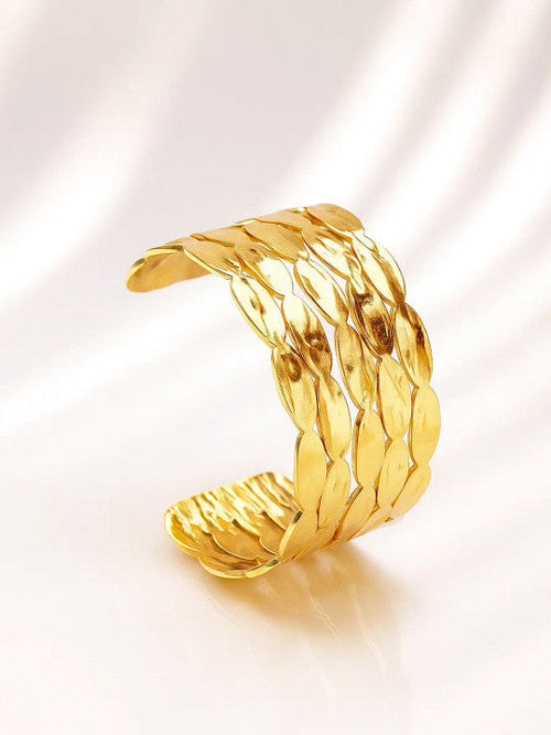 22K Gold-Plated Brass Textured Panel Bold Open Cuff Statement Bracelet