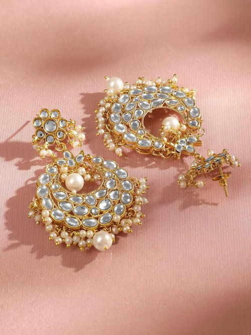 22K Gold Plated Kundan & Pearl Multi Layered Bridal Ear Chain Chandbali Earrings