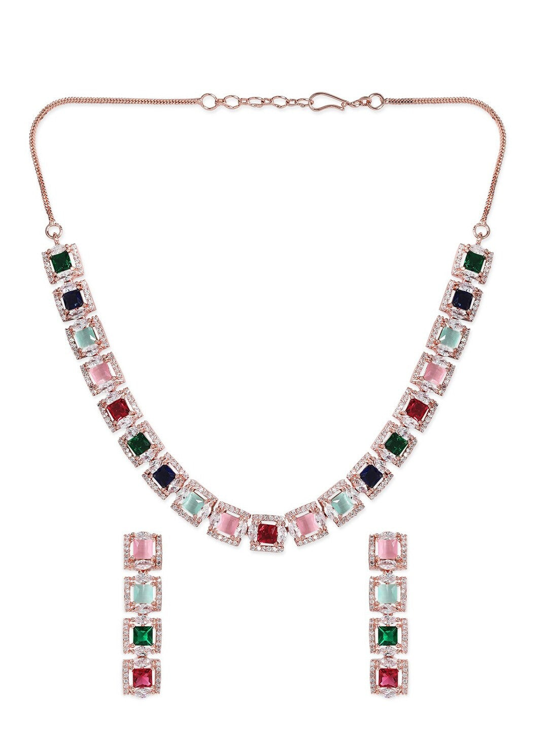 Rose Gold Plated Multicolour Zirconia Stone Studded Handcrafted Necklace Set.