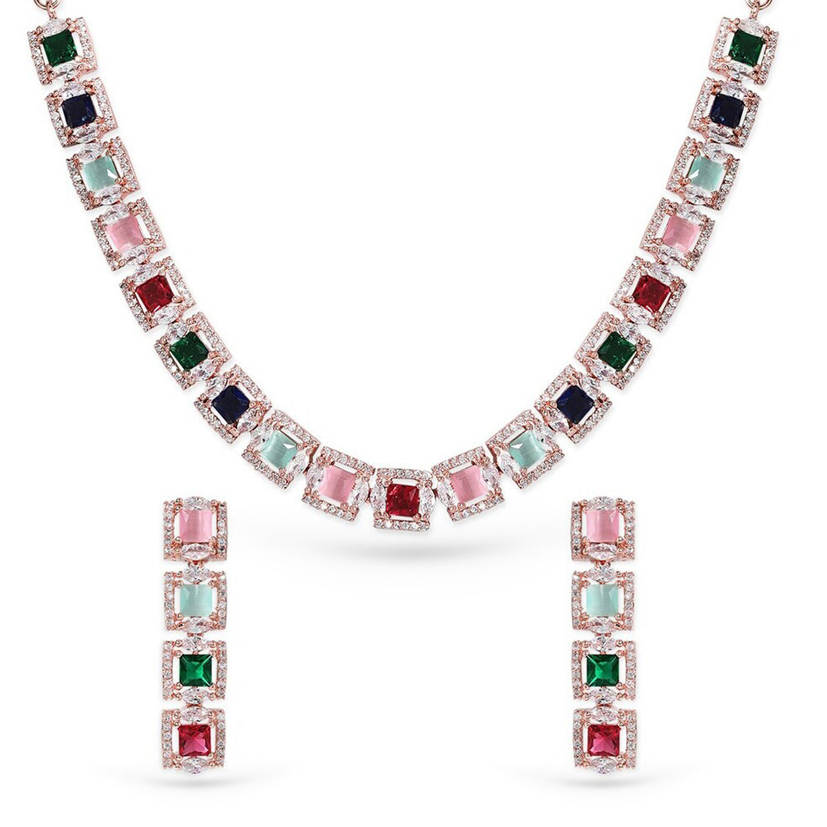 Rose Gold Plated Multicolour Zirconia Stone Studded Handcrafted Necklace Set.
