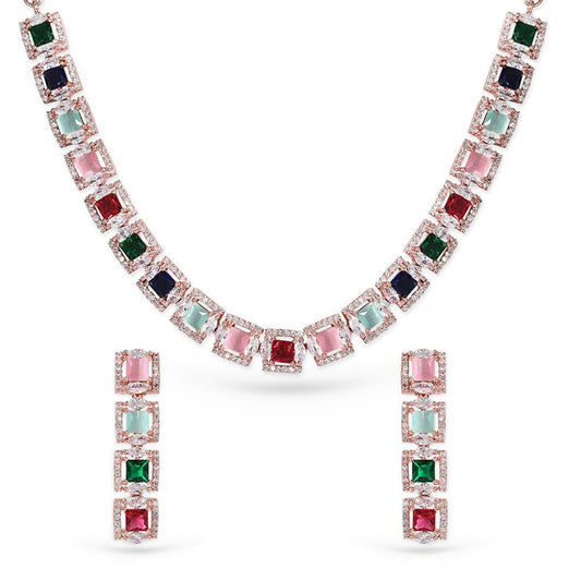 Rose Gold Plated Multicolour Zirconia Stone Studded Handcrafted Necklace Set.