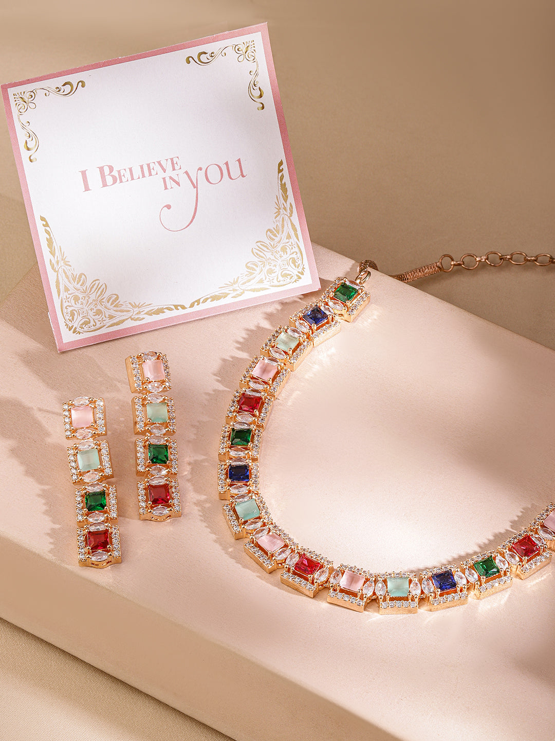 Rose Gold Plated Multicolour Zirconia Stone Studded Handcrafted Necklace Set.